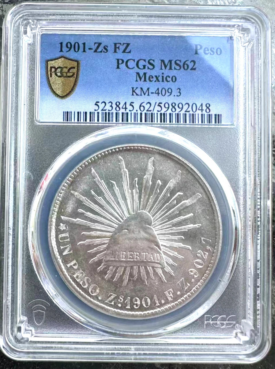 Mexico 1901-Zs FZ Peso KM-409.3 PCGS MS62 Nice Luster Beautiful Coin Die crack