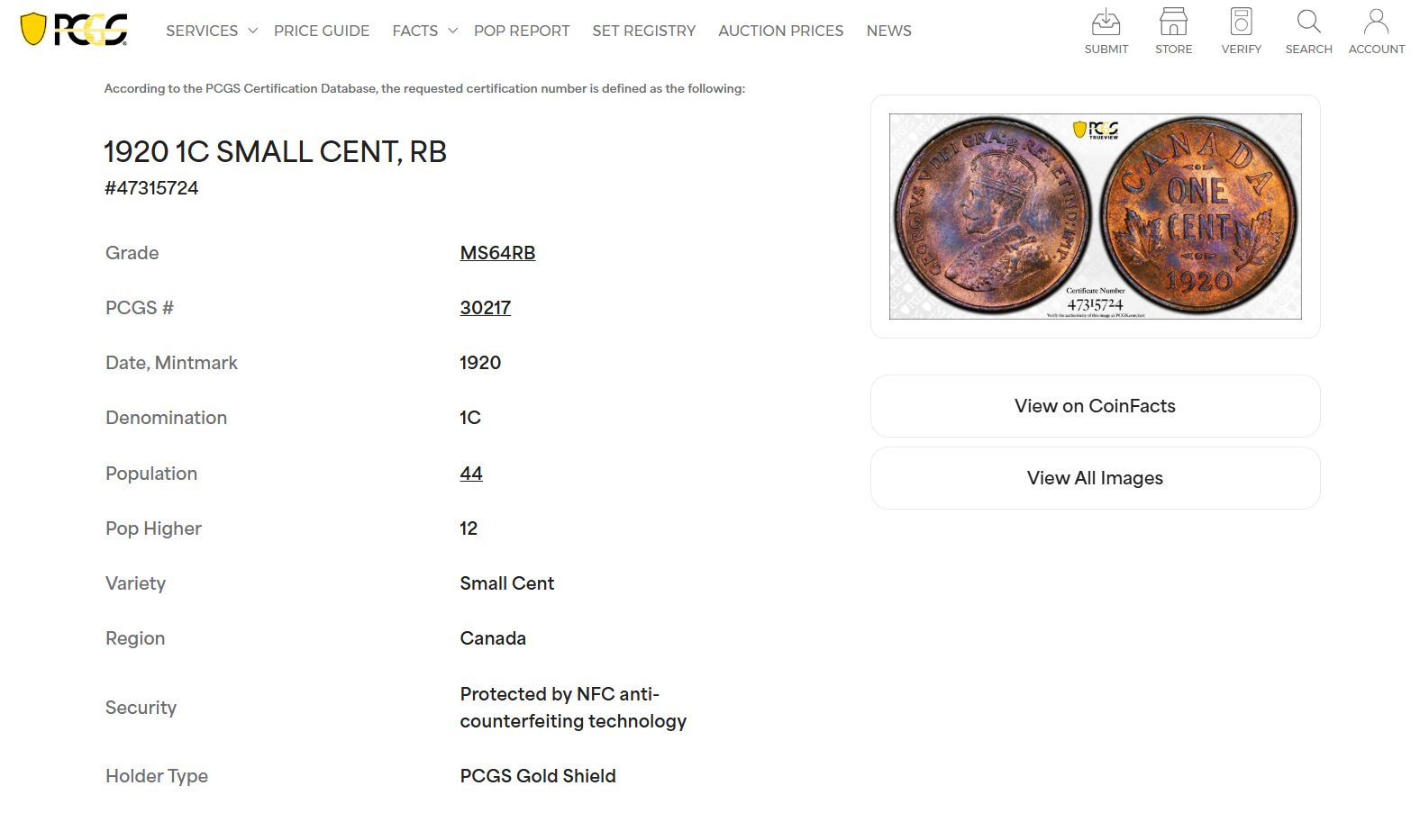 Canada 1920 1 Small Cent Coin PCGS MS-64RB