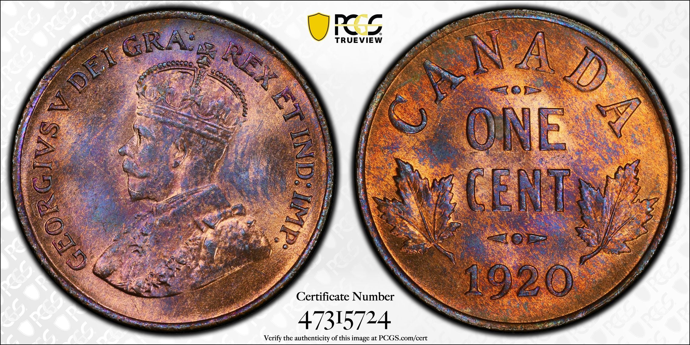 Canada 1920 1 Small Cent Coin PCGS MS-64RB