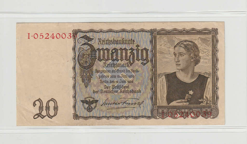 Nazi Germany Third Reich 20 Reichsmark 1939-I Berlin VF