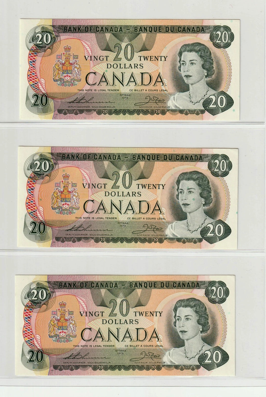 Bank of Canada 1979 $20 Dollars Lot of 3 Consecutive Notes Lake Moraine UNC