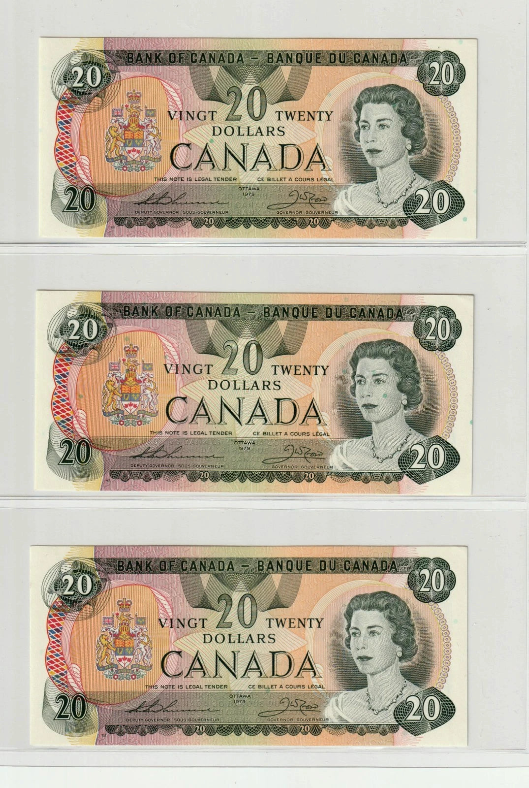 Bank of Canada 1979 $20 Dollars Lot of 3 Consecutive Notes Lake Moraine UNC