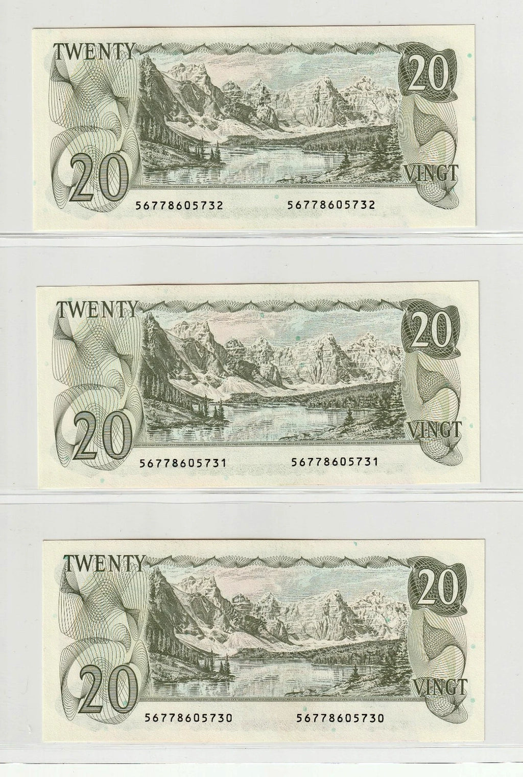 Bank of Canada 1979 $20 Dollars Lot of 3 Consecutive Notes Lake Moraine UNC