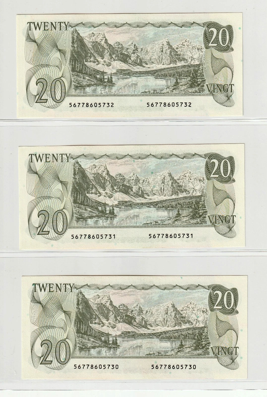 Bank of Canada 1979 $20 Dollars Lot of 3 Consecutive Notes Lake Moraine UNC