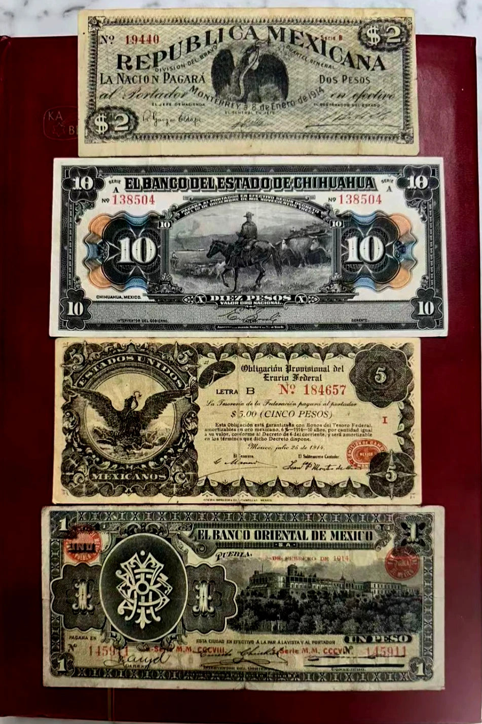 Mexico,1913–1914 Revolutionary period Banknote Collection 1,2,5,10 Pesos