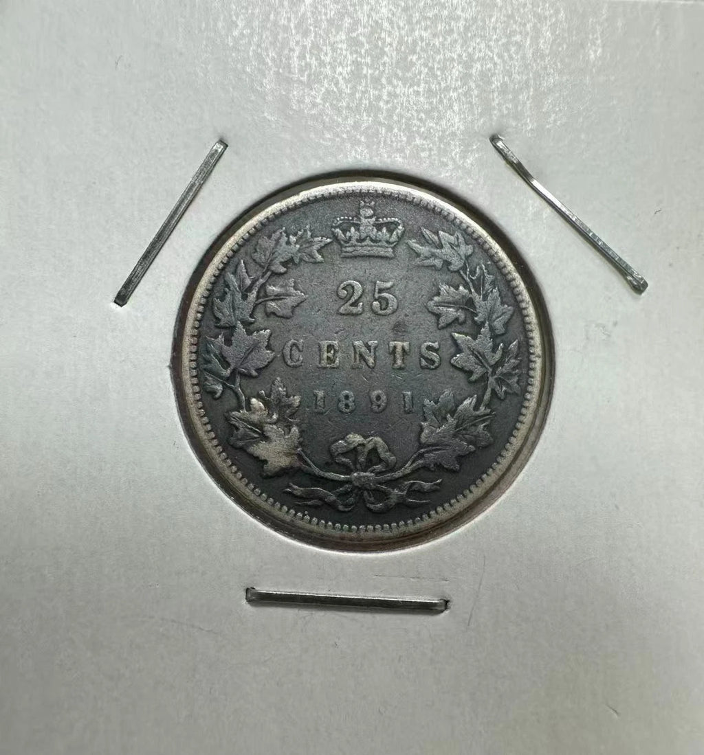 1891 Canada 25 Cents 92.5% Silver Canadian Quarter Queen Victoria Key Date VG