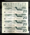 4 Consecutive 1991 Canada $20 Dollars EVM Choice UNC