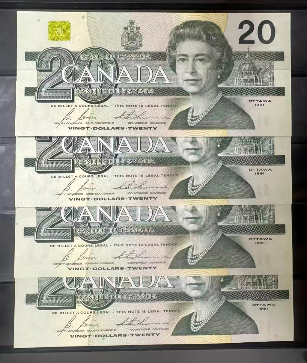4 Consecutive 1991 Canada $20 Dollars EVM Choice UNC