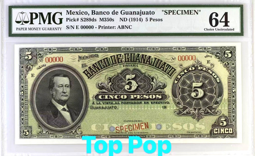 Mexico Banco de Guanajuato 5 Pesos ND 1914 Specimen PMG 64 Top Pop
