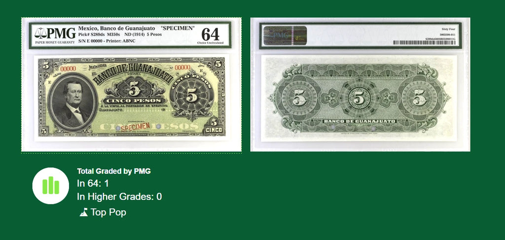 Mexico Banco de Guanajuato 5 Pesos ND 1914 Specimen PMG 64 Top Pop
