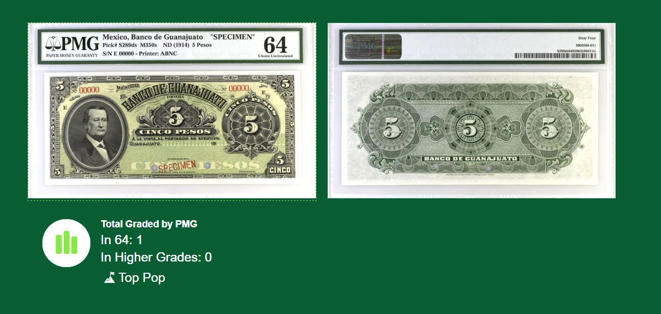 Mexico Banco de Guanajuato 5 Pesos ND 1914 Specimen PMG 64 Top Pop