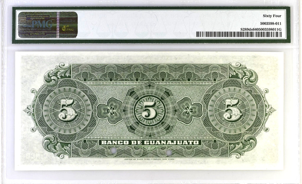 Mexico Banco de Guanajuato 5 Pesos ND 1914 Specimen PMG 64 Top Pop