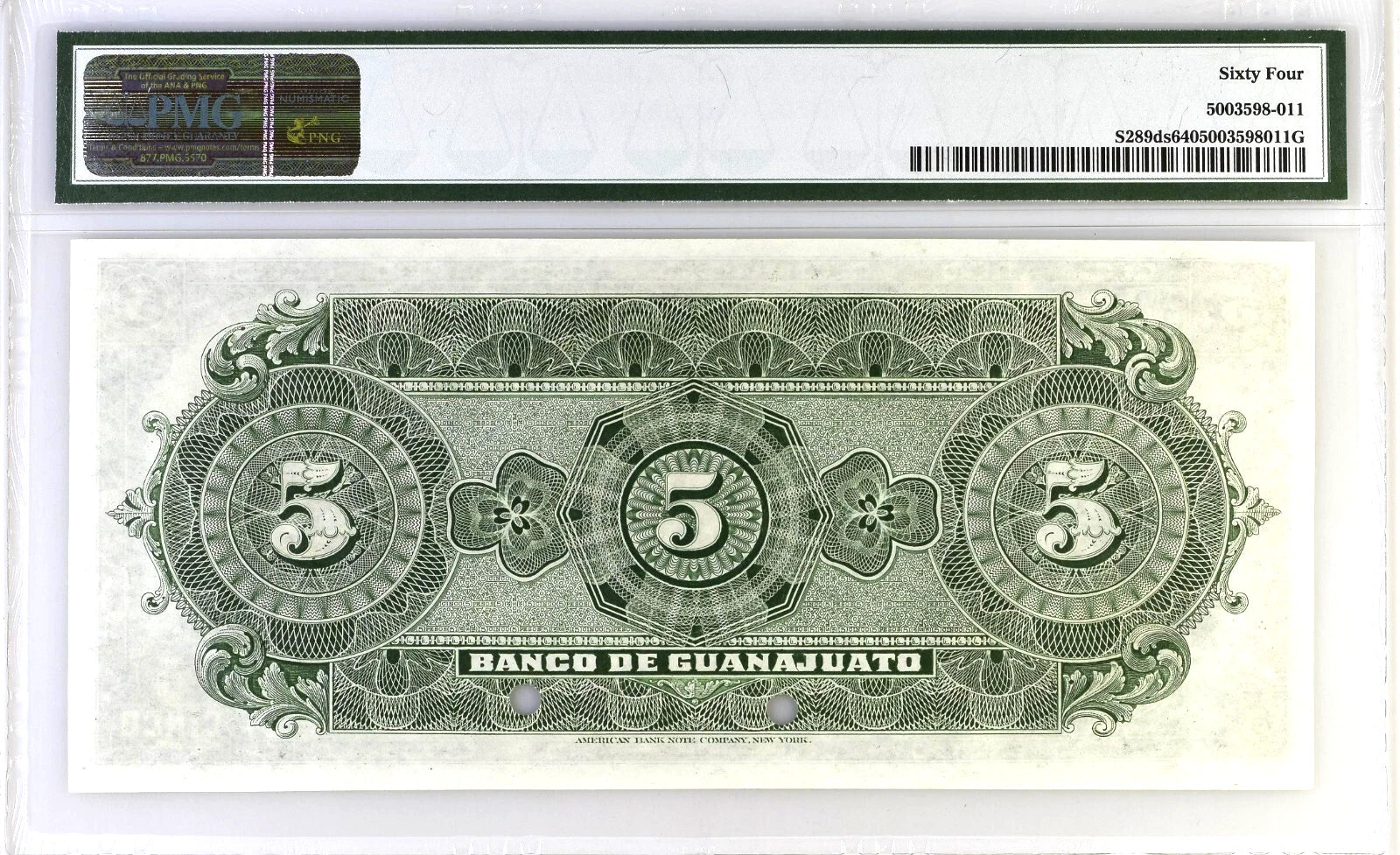 Mexico Banco de Guanajuato 5 Pesos ND 1914 Specimen PMG 64 Top Pop