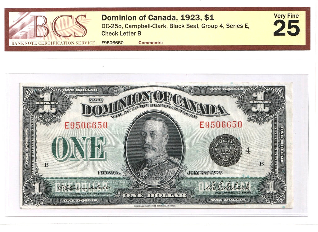 Dominion Of Canada 1923 $1 Dollar Banknote BCS VF25 Black Seal Group4 DC-25o